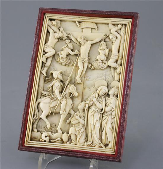 A Hispano-filipino or Sino-Portuguese ivory relief of The Crucifixion with the two thieves, probably late 16th/early 17th century, 15cm